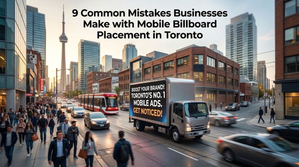This image depicts mobile billboard truck to demonstrate mistakes businesses make with mobile billboard placement in Toronto, including poor route planning, wrong target areas, unclear messaging, and low visibility locations