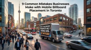 This image depicts mobile billboard truck to demonstrate mistakes businesses make with mobile billboard placement in Toronto, including poor route planning, wrong target areas, unclear messaging, and low visibility locations